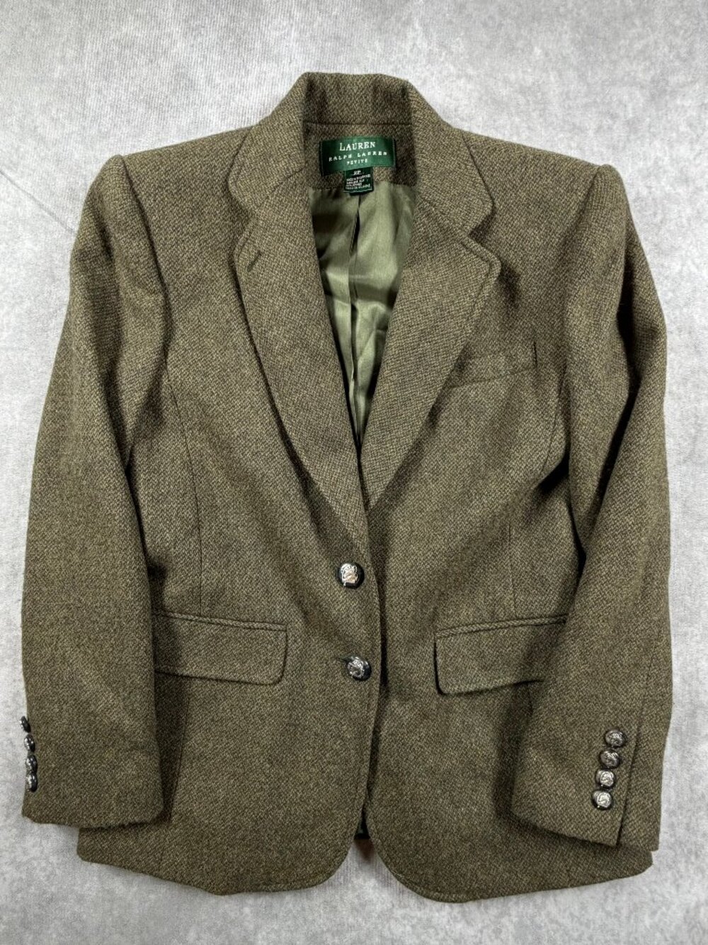 Lauren Ralph Lauren Womens 2P Wool Blazer Olive Herringbone Tweed Petite